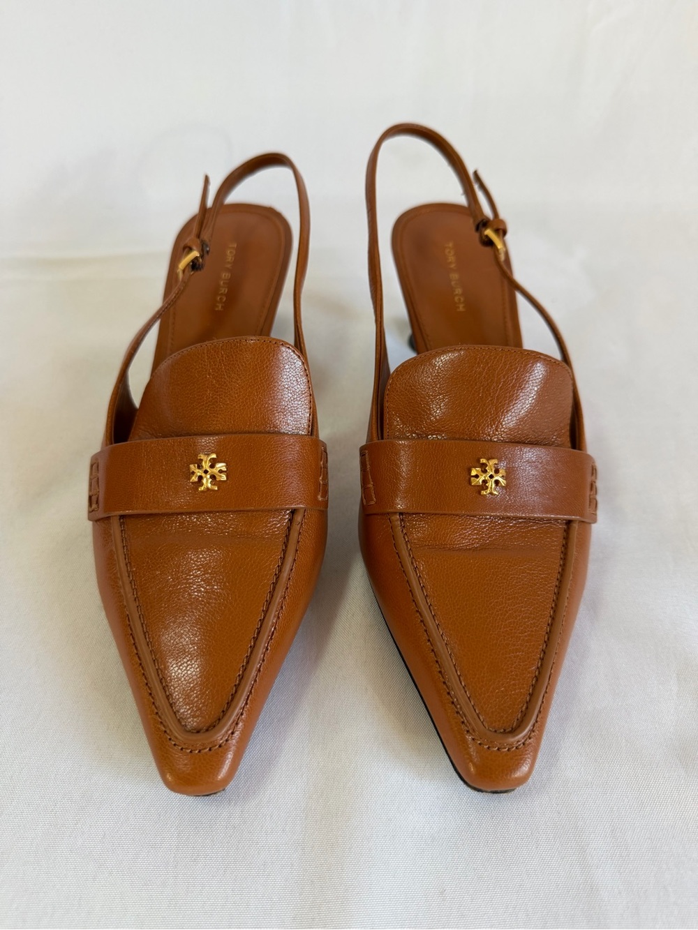 Tory Burch Tan Leather Pointed Slingback Loafers with Gold Logo